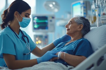 Obraz premium A healthcare worker in scrubs, wearing a mask and gloves, comforting a patient in a bright