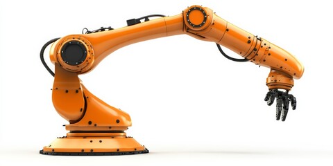 Robotic Arm for Assembly Line  wide-angle view of an industrial robotic arm, on white, showing full arm setup with gripper