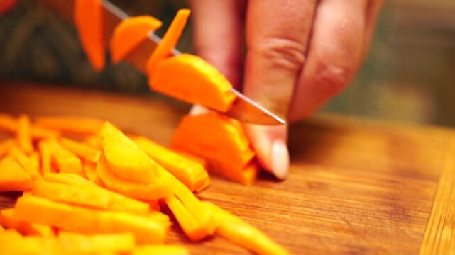 Slicing vegetables carrot. Female hands cut carrot on a wooden cutting board. Cooking in the kitchen. Food preparation. Close-up.