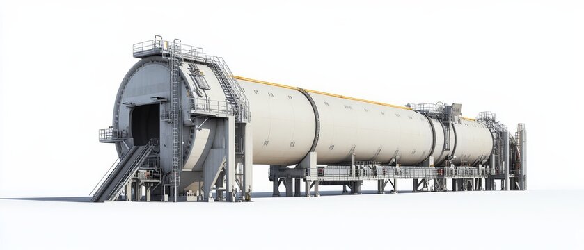 Rotary Kiln for Cement Production comprehensive view of a cement rotary kiln, on a white background