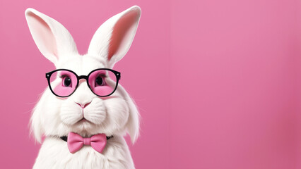 Fototapeta premium Cartoon white rabbit wearing glasses on pink background