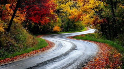 Fototapeta premium A winding paved road through a forest with colorful autumn leaves.