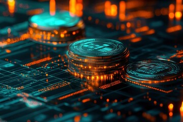 Stack of futuristic cryptocurrency coins on glowing circuit board.