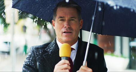 News reporter, man and portrait with mic in rain for weather forecast, climate prediction and live...