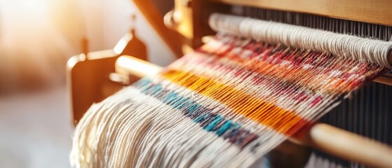 textile Loom Machine, close-up of a weaving machine with fabric details, on white background