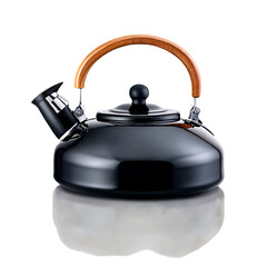 Obraz premium A black enamel tea kettle with a wooden handle and a whistle on the spout.
