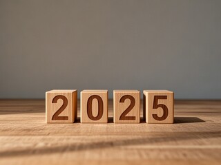 Wooden Blocks Displaying the Year 2025 on Wooden Surface with Gray Background