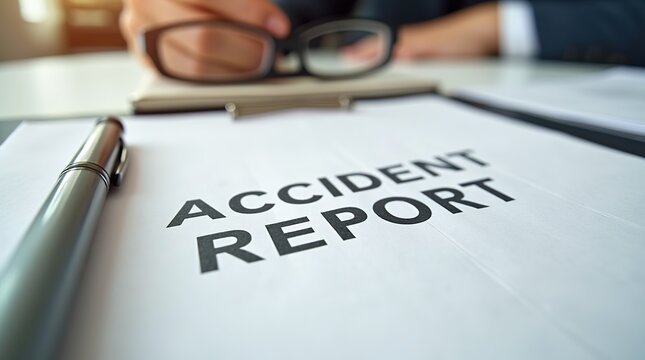 Accident report document with pen and eyeglasses on desk