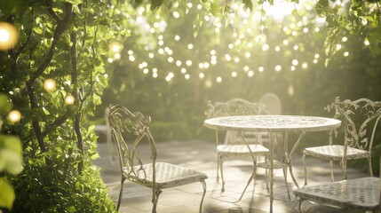 Fototapeta premium Luxurious Vintage Outdoor Patio with Iron Furniture, Greenery, and String Lights for Relaxation and Socializing in Old Money Style