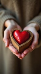 Hands gently holding a red heart in a wooden box