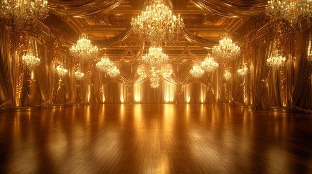 Exquisite Grand Ballroom with Polished Wooden Floor, Crystal Chandeliers, and Elegant Drapery for Elegant Social Events | Ultra-Detailed Venue for Celebrations