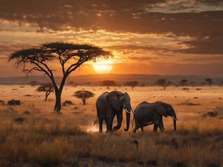 Fototapeta premium Two Elephants Walking Through the African Savanna at Sunset