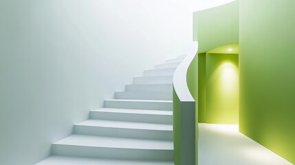 Obraz premium White spiral staircase in a modern building with green walls and a light at the top.