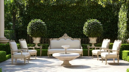 Obraz premium Elegant Outdoor Garden Oasis with Vintage Furniture, Manicured Hedges, and Classic Fountain