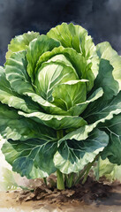 A close-up view of a fresh, vibrant green cabbage with tightly packed leaves forming a spiral shape. The leaves are crisp and have a glossy texture, showcasing various shades of green.