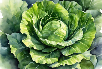 Obraz premium A close-up view of a fresh, vibrant green cabbage with tightly packed leaves forming a spiral shape. The leaves are crisp and have a glossy texture, showcasing various shades of green.