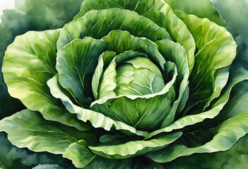 Fototapeta premium A close-up view of a fresh, vibrant green cabbage with tightly packed leaves forming a spiral shape. The leaves are crisp and have a glossy texture, showcasing various shades of green.