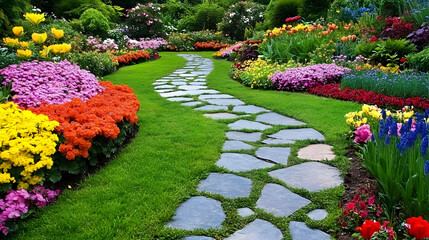 A winding stone path leads through a lush, colorful garden filled with blooming flowers and vibrant green grass.