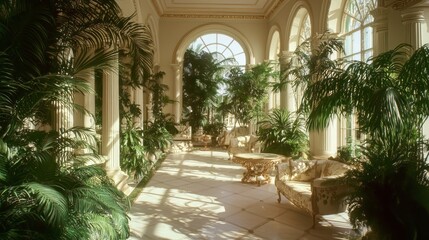 Fototapeta premium Enchanting Oasis: Opulent Conservatory with Exotic Plants, Vintage Furniture, and Glass Windows | Ultra-Detailed Interior Photography