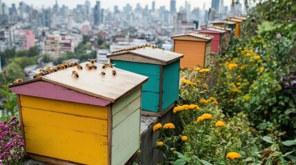 Naklejka premium Colorful beehives with bees on the roof, on a rooftop garden with a city skyline in the background.