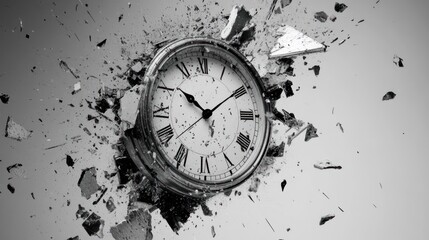 A vintage clock explodes into pieces against a white background, symbolizing the concept of time passing quickly.