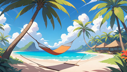 An anime-style tropical island with palm trees swaying in the breeze and a hammock tied between them.AI Generated
