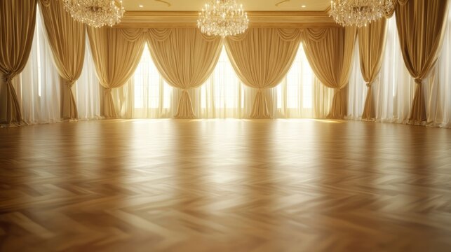 Opulent Grand Ballroom with Polished Wooden Floor and Crystal Chandeliers for Elegant Social Gatherings