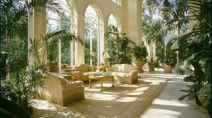 Fototapeta premium Elegant Oasis: Opulent Conservatory with Exotic Plants, Vintage Furniture, and Glass Windows for Serene Escape