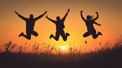 Group of people jumping in the air at sunset.
