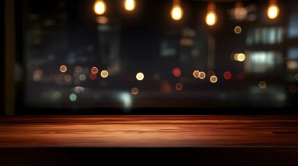 Elegant wooden table setup with blurred restaurant lights isolated background