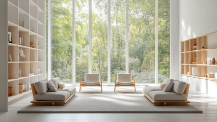 Fototapeta premium Minimalist living room with comfortable seating and bookshelves.