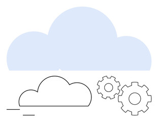 Fototapeta premium Two gear icons beside simple cloud illustrations. Ideal for cloud services, technology, software development, IT infrastructure, automation, industry 4.0 online platforms. Line metaphor