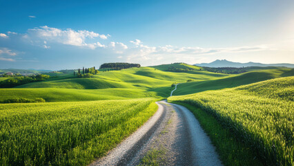 Obraz premium Winding road leading through rolling green hills under a blue sky with fluffy clouds.