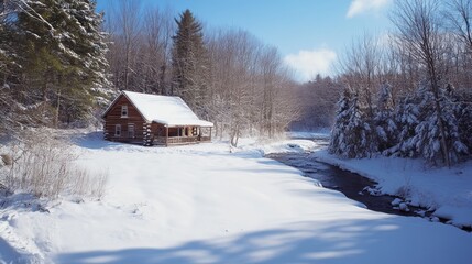 A rustic log cabin with snow-covered roof sits on a snow-covered field next to a river in a winter forest.