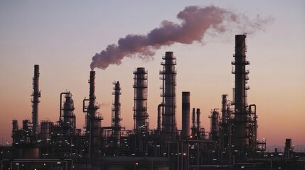 Obraz premium A silhouette of an industrial plant at sunset with smoke plumes billowing from chimneys.