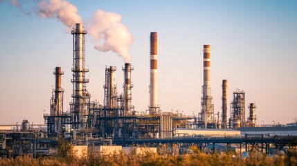 Obraz premium A large industrial complex with tall smokestacks emitting smoke into the air at sunset.