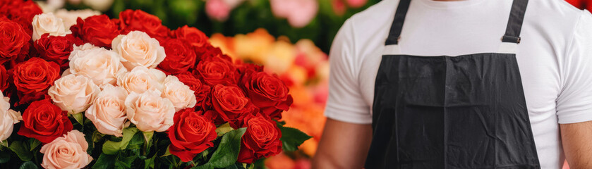 Naklejka premium A florist stands proudly in front of vibrant bouquets of red and white roses, showcasing their talent in floral arrangement and passion for flowers.