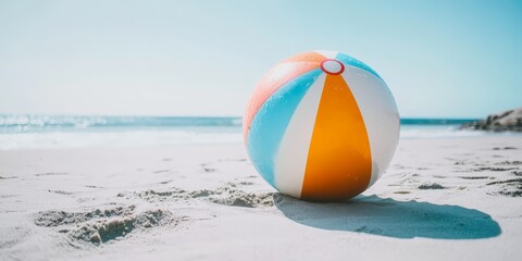 Obraz premium Beach Ball Dream: A colorful beach ball rests on the pristine white sand, bathed in the warm glow of the summer sun. The ocean waves gently lap at the shore in the background.