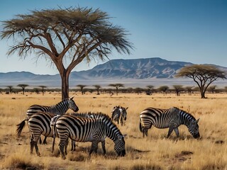 Obraz premium Zebras Grazing in a Savanna Landscape with a Mountain Range in the Background