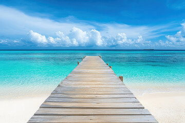 Fototapeta premium Tranquil scene with a weathered pier leading to the crystal clear ocean. Ideal for travel, vacation, and relaxation themes.