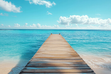 Obraz premium Tranquil scene with a weathered pier leading to the crystal clear ocean. Ideal for travel, vacation, and relaxation themes.