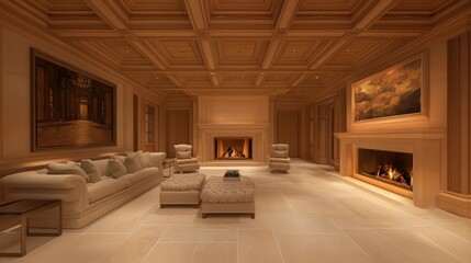 Fototapeta premium Elegant Family Room with Grand Fireplace, Cozy Seating, and Classic Artwork Emitting Old Money Interiors Essence