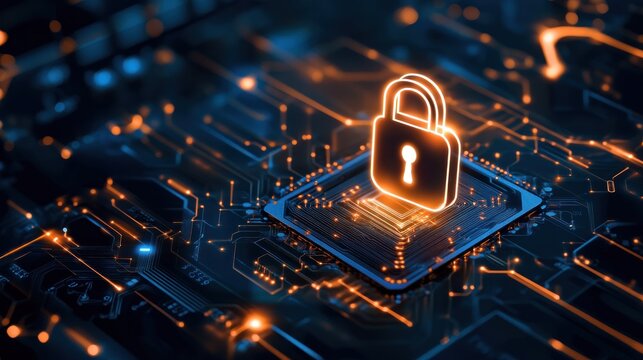 A glowing padlock icon sits on a circuit board, representing data security.