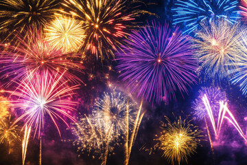 Obraz premium A spectacular display of colorful fireworks bursts against a dark night sky.