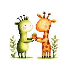 Naklejka premium Two colorful, cartoon giraffes exchanging a potted plant, displaying friendship in a playful, vibrant style.