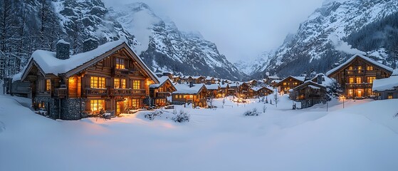 A serene winter landscape featuring cozy wooden chalets illuminated by warm lights, set against snowy mountains at dusk, creating a magical and tranquil atmosphere.