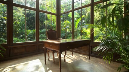 Vintage Inspired Home Office with Classic Desk and Garden View for Serene Workspace