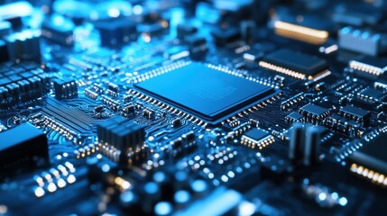 Close-up of a computer chip on a circuit board, illuminated with blue light, highlighting the intricate details of the technology.