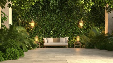 Elegant Outdoor Patio Oasis with Vintage Lanterns and Cozy Seating ideal for Sophisticated Evening Gatherings under the Stars | Old Money Charm and Style in Garden Setting