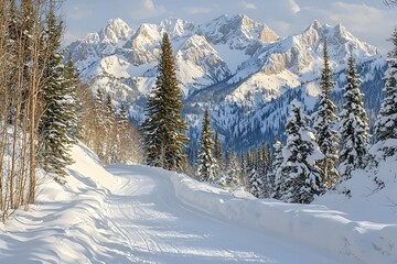 Fototapeta premium A serene winter scene featuring a snow-covered winding road through a dense forest with towering snow-capped mountains in the background, evoking a sense of tranquility and adventure.